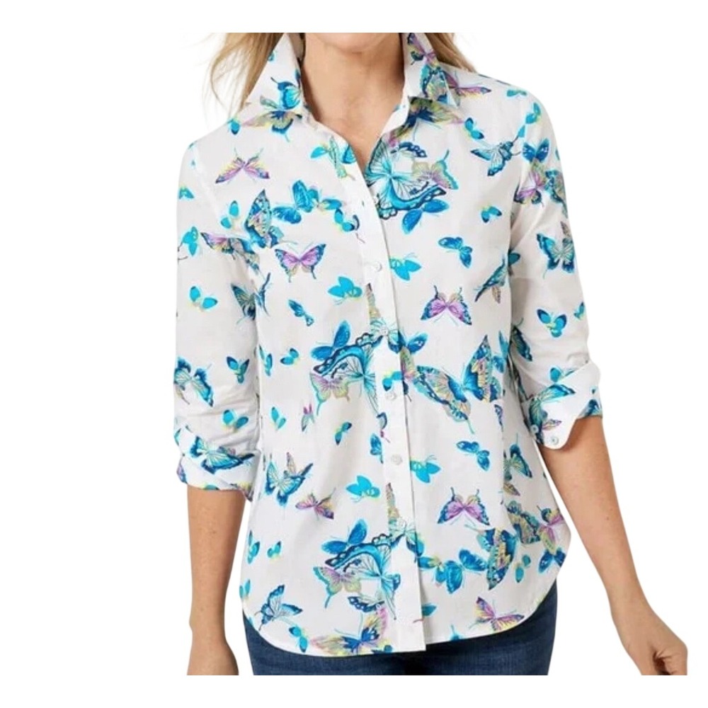 Talbots Plus Butterfly Print Cotton‎ Button Up Shirt Womens 1X White Multi Color